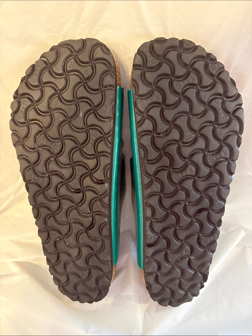 Birkenstock Arizona Two-Strap Slide Sandals in Teal with Gold Buckles - Picture 9 of 11